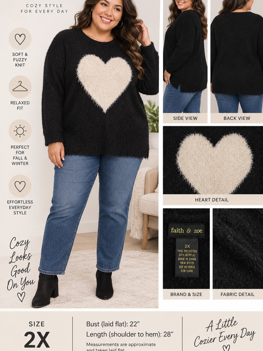 Faith & Zoe Fuzzy Heart Sweater Black Ivory Plus Size 2X Cozy Knit